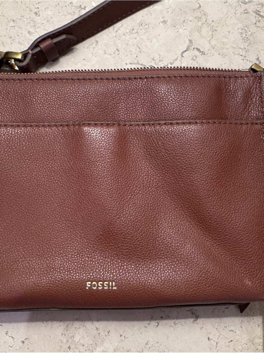 Fossil Leather Crossbody Bag, Cognac Brown, Pebbled Leather, with Brass Hardware - Picture 11 of 13